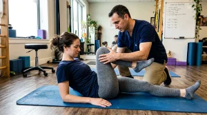 Nő rehabilitációs jóga gyakorlatot végez gyógytornász segítségével